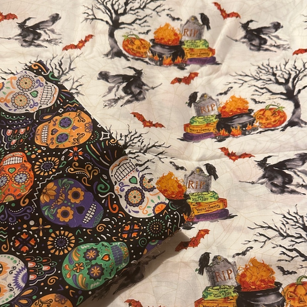 Fabric Halloween Colorful Skull and Graveyard Fabric